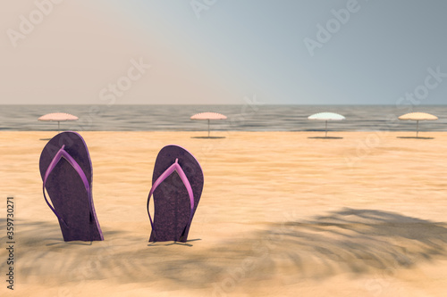 3d rendering of summer concept. Purple flip flop isolated on sand and sea background with sunlight and shadow of coconut leaves. Minimal design art. Copy space.