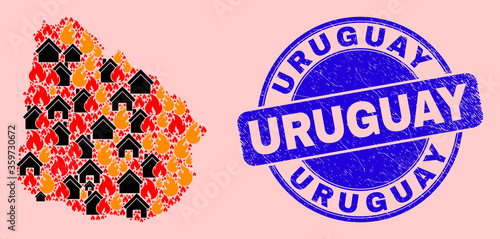 Fire disaster and property collage Uruguay map and Uruguay dirty seal. Vector collage Uruguay map is formed with random burning homes. Uruguay map collage is formed for fire insurance templates.