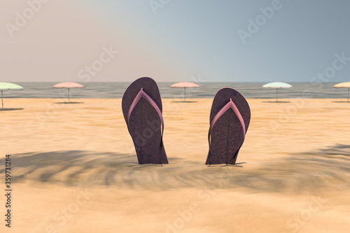 3d rendering of summer concept. Pink flip flop  isolated on sand and sea background with sunlight and shadow of coconut leaves. Minimal design art. Copy space.