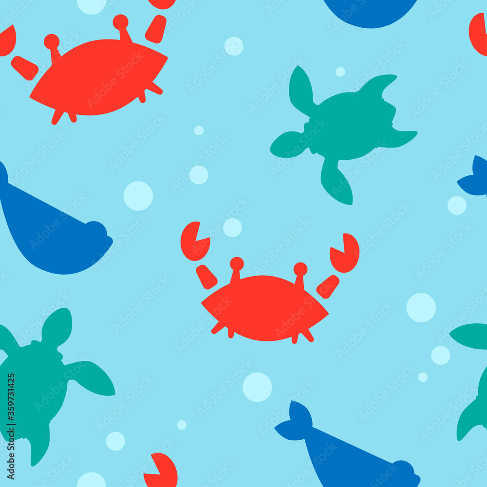 baby seamless pattern with silhouettes of red crabs, fish, turtles and bubbles on a light blue background baby seamless pattern with silhouettes of red crabs, fish, turtles and bubbles on a light blue background