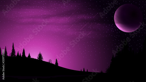 Night landscape with a large planet in the sky, starry sky, clouds and fields with coniferous trees