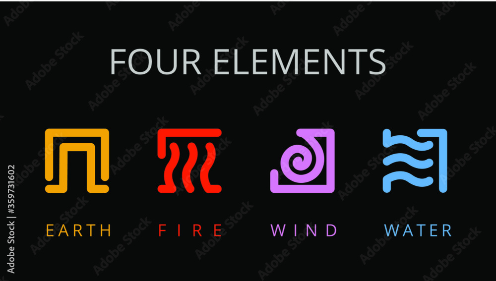 Four elements icons, line symbols. Vector logo template. Wind, fire ...