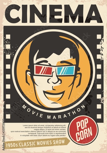 Cinema poster for 3D movie projections with happy guy and 3D glasses. Retro film flyer. Film strip vector ad.