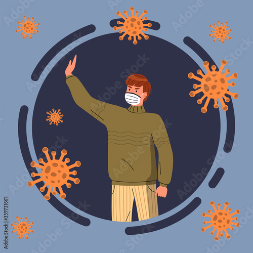 Cartoon icon, portrait of man in respiratory medical mask isolated in circle, flying virus pathogen around. Young guy show stop gesture to virus spreading. Cartoon character in flat vector style