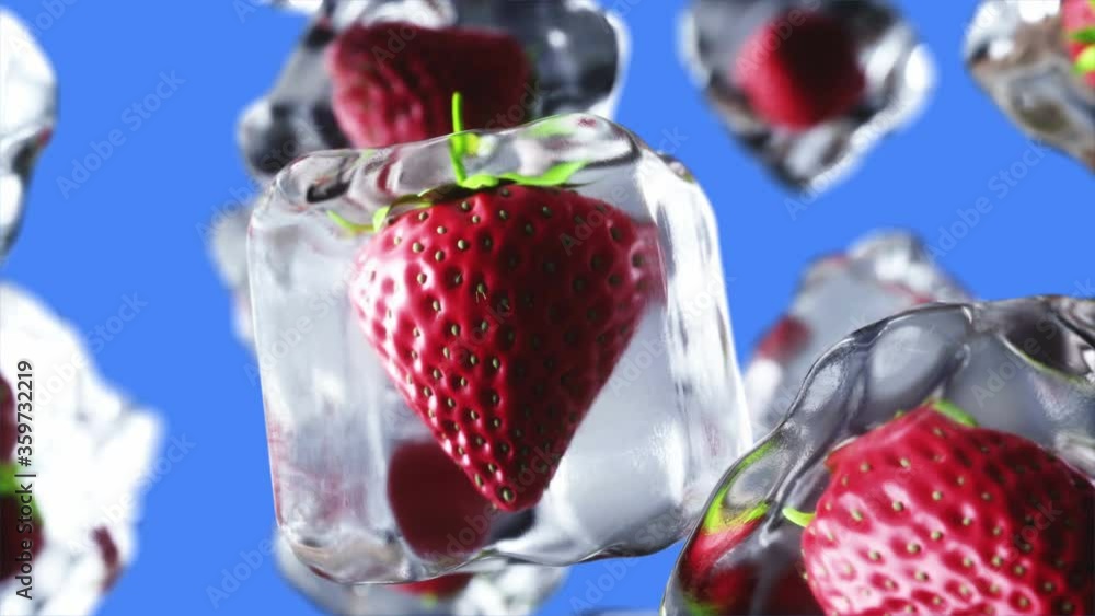 strawberry rotate in ice cubes. Food and broadcast concept. Realistic ...