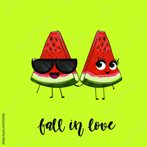Two cute in love watermelon characters holding for hands. Calligraphy text fall in love
