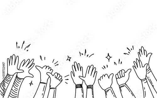 hand drawn of hands clapping ovation. applause, thumbs up gesture on doodle style, vector illustration. EPS 10