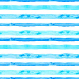 Watercolor bright pastel blue stripes seamless pattern. Light hand painted vacation vibes print with stripes and lines on white background. Nautical marine style for design, wallpapers.