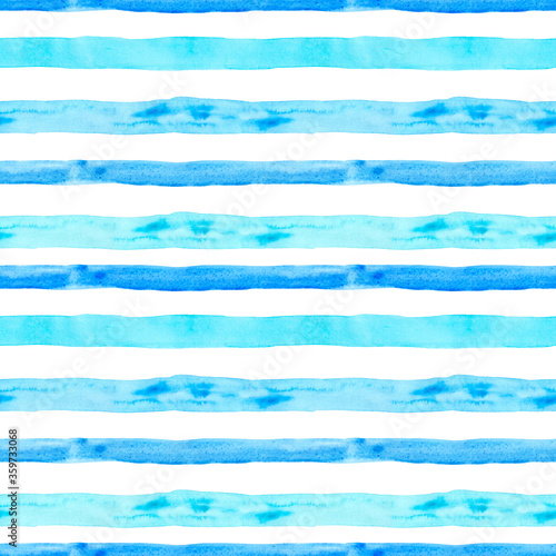 Watercolor bright pastel blue stripes seamless pattern. Light hand painted vacation vibes print with stripes and lines on white background. Nautical marine style for design, wallpapers.
