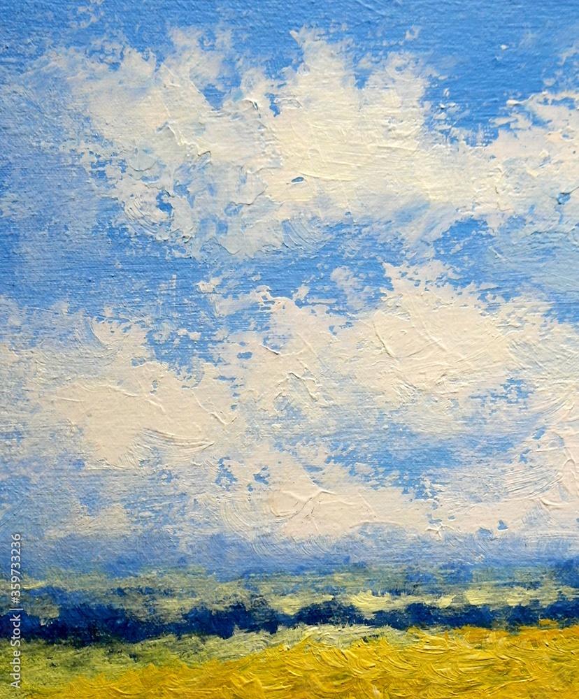 Oil paintings landscape, fine art, grunge background with blue sky