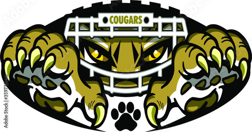cougars football team design with mascot inside ball for school, college or league