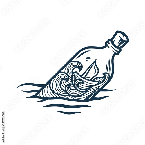 Boat swinging on the waves inside the bottle.