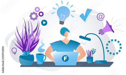 Man freelancer sitting behind the table and working on his laptop. Working from home concept. Flat vector illustration.