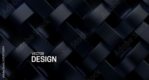 Black weave pattern. Vector 3d realistic illustration. Luxury woven texture. Metallic weave ribbons. Abstract blacksmith background. Steel metal ornament. Interlacing surface. Decoration for design