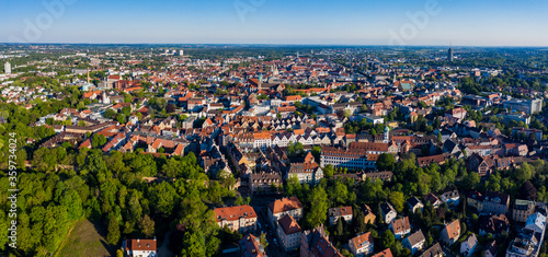 Aerial view of the city Augsburg in Germany, Bavaria on a sunny spring day during the coronavirus lockdown.