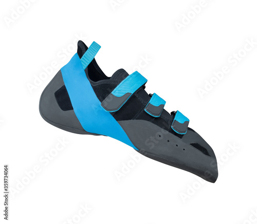 Side view of climbing shoe isolated on white background. Footwear for alpinism and rock climbing