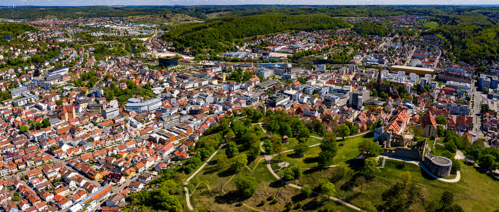 Aerial view of the city Heidenheim in Germany on a sunny spring day during the coronavirus lockdown.
