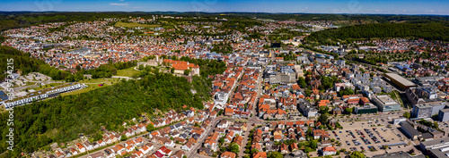 Aerial view of the city Heidenheim in Germany on a sunny spring day during the coronavirus lockdown.
 photo