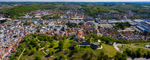 Aerial view of the city Heidenheim in Germany on a sunny spring day during the coronavirus lockdown.
 photo