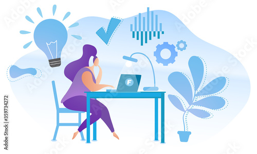 Female freelancer sitting behind the kitchen table. Thinking about projects. Online work from home. Vector flat concept.