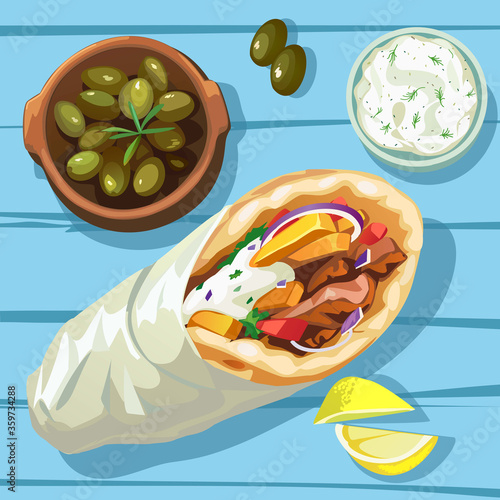 Greek Gyros, tzatziki salad, olives and lemons,
for best typical Greek fast diner. Vector illustration