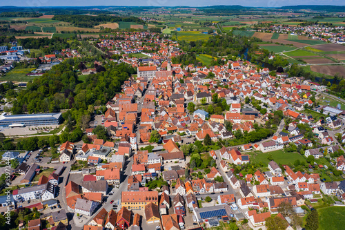 Aerial view of the city Oettingen in Bayern in Germany, Bavaria on a sunny spring day during the coronavirus lockdown. 