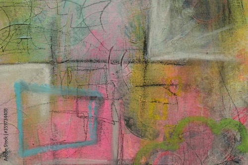 Pastel colors and line marks give this abstract acrylic painting a vintage look for backgrounds.