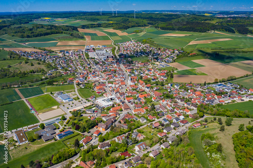 Aerial view of the city Dischingen in Germany, bavaria on a sunny spring day during the coronavirus lockdown