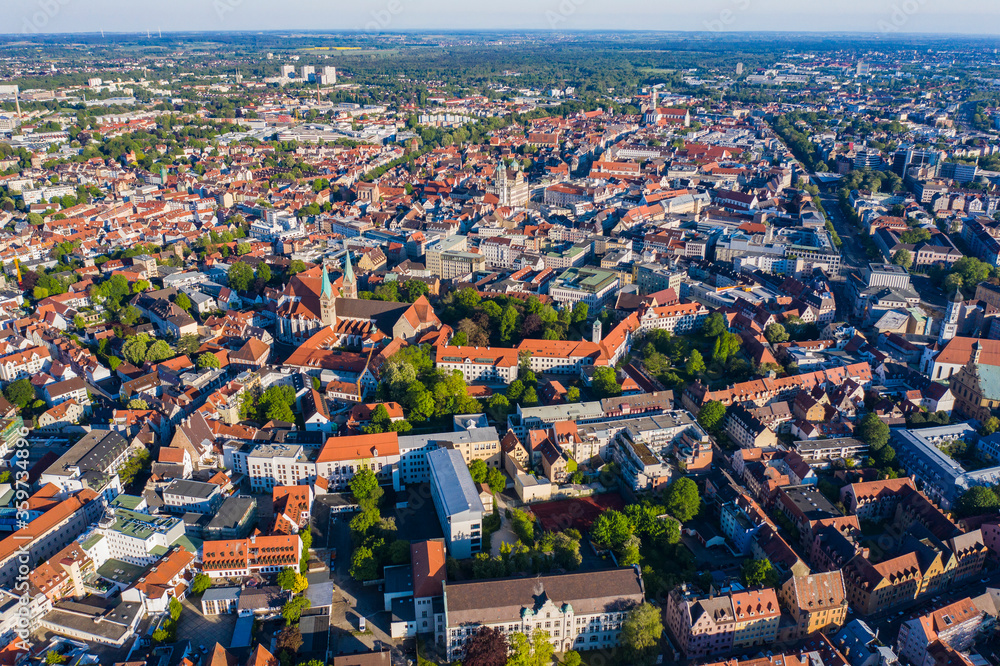 Aerial view of the city Augsburg in Germany, Bavaria on a sunny spring day during the coronavirus lockdown.
