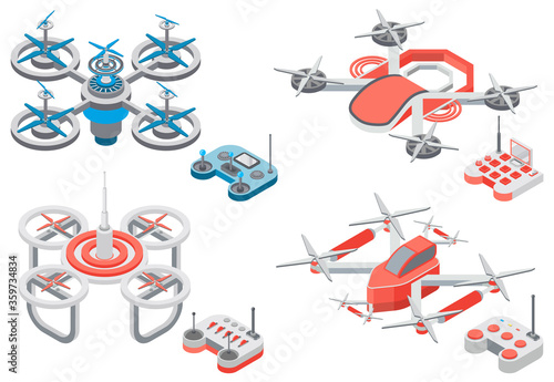 Drone with remote controller, wireless device with propellers, quadcopter symbol, aircraft with remotely radio controlled flying robots, discovery air robot for video and photo, multicopter vector