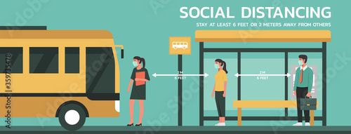 people maintain social distancing to prevent virus spreading and transmission, man and woman keep distance from others at bus stop, new normal concept, flat vector illustration