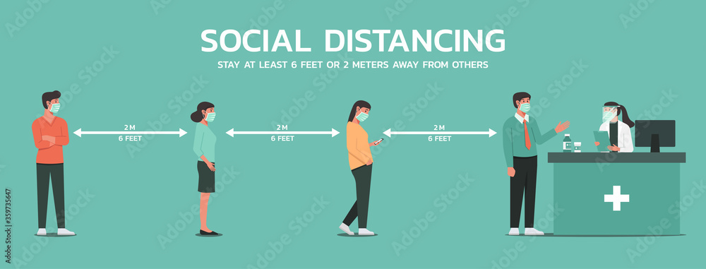 Fototapeta premium people maintain social distancing to prevent virus spreading and transmission at the pharmacy, man and woman keep distance from others, new normal concept, vector flat illustration