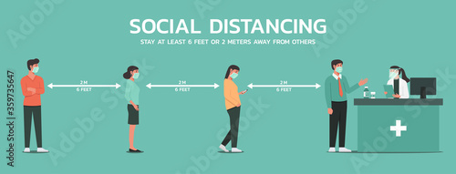 people maintain social distancing to prevent virus spreading and transmission at the pharmacy, man and woman keep distance from others, new normal concept, vector flat illustration