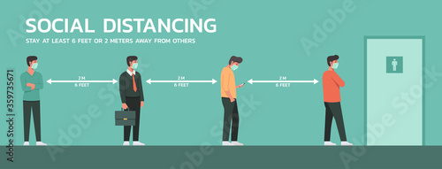 people waiting on queue to use public men toilet and maintain social distancing to prevent virus spreading and transmission, man keep distance from others, new normal concept, vector flat illustration