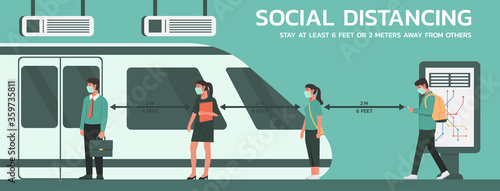 people maintain social distancing to prevent virus spreading and transmission, man and woman keep distance from others at the subway station, new normal concept, vector flat illustration