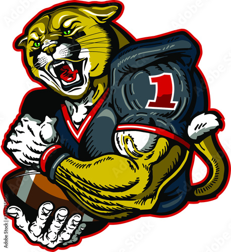 cougar football player mascot holding ball for school, college or league