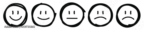 Set Of Five Handdrawn Outline Faces Different Moods. Vector Illustration. EPS 10