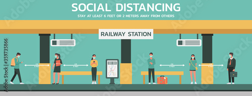 people maintain social distancing to prevent virus spreading and transmission at the railway station, man and woman keep distance from others, new normal concept, vector flat illustration