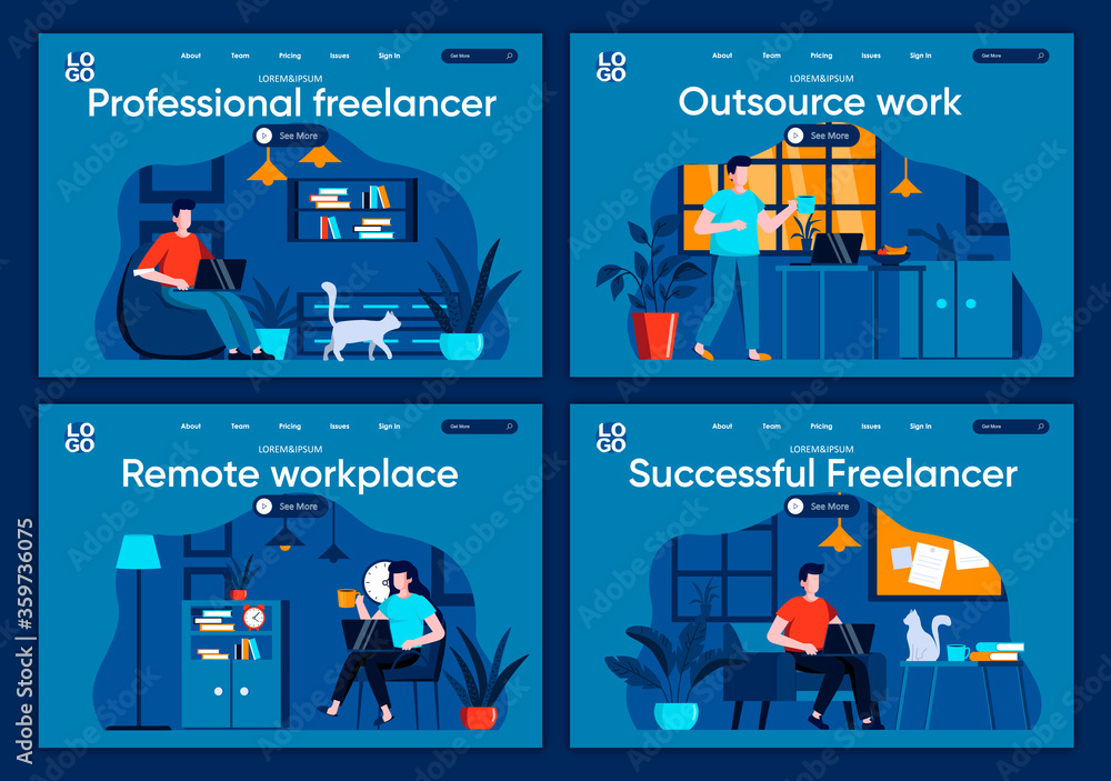 Outsource work flat landing pages set. Designers and developers working in home office scenes for website or CMS web page. Remote workplace, professional and successful freelancer vector illustration
