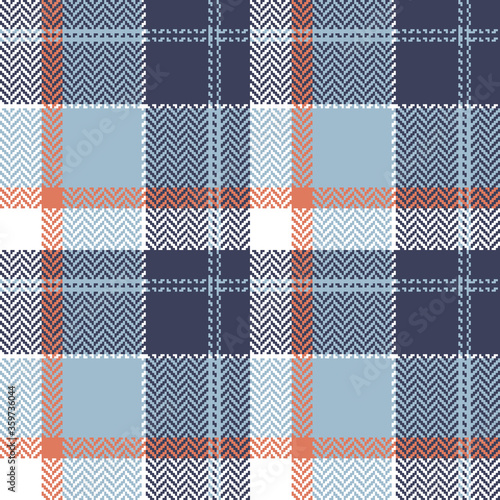 Plaid pattern vector in blue, orange, white. Seamless herringbone textured plaid graphic for flannel shirt, skirt, tablecloth, or other modern fashion textile print.