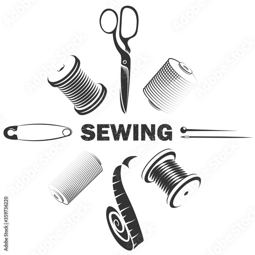 Sewing and cutting needle with thread and different tools symbol