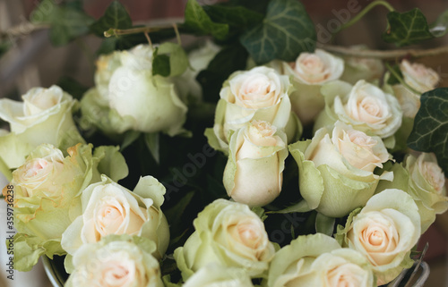 White roses decoration. Banner  wedding and anniversary concept. 