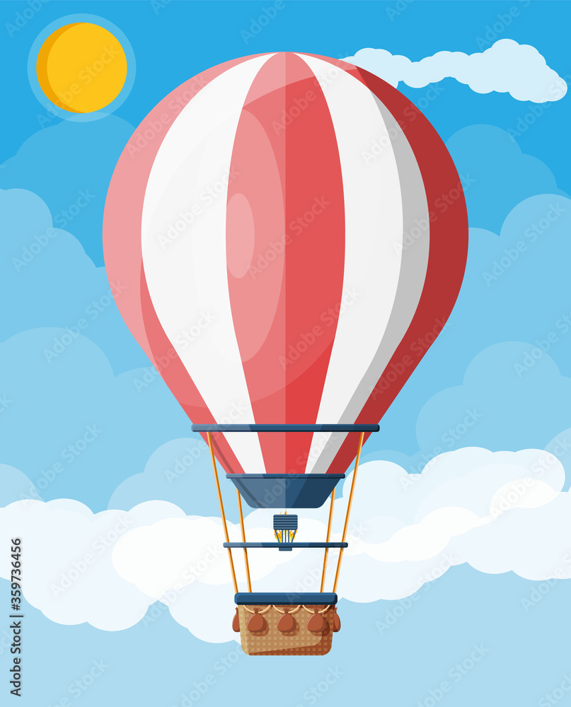 Obraz premium Hot air balloon in the sky with clouds and sun. Vintage air transport. Aerostat with basket. Flat vector illustration