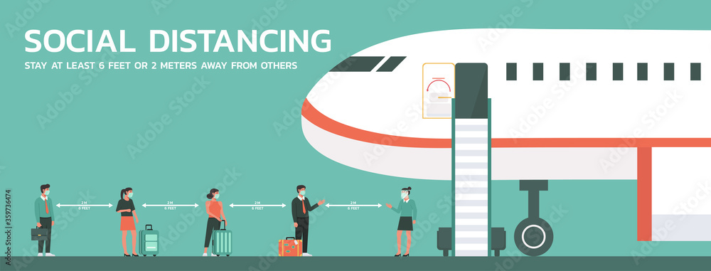 people waiting in line at the airport to get on plane and maintain social distancing to prevent virus spreading and transmission, new normal concept, vector flat illustration