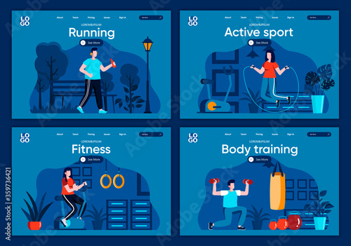Active sport flat landing pages set. Strength and cardio training in gym, jogging and lifting dumbbells scenes for website or CMS web page. Body training, fitness and running vector illustration.