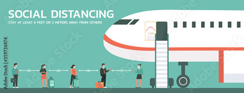 people waiting in line at the airport to get on plane and maintain social distancing to prevent virus spreading and transmission, new normal concept, vector flat illustration