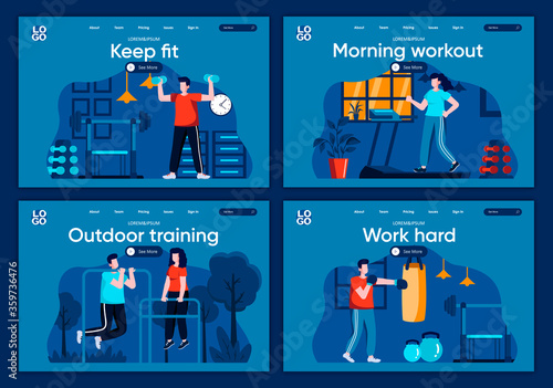 Outdoor training flat landing pages set. People running, lifting dumbbells and training with punching bag scenes for website or CMS web page. Keep fit, morning workout, work hard vector illustration.