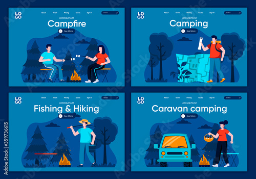 Caravan camping flat landing pages set. Traveling with backpack and camping tent, marshmallow roasting on campfire in wood scenes for website or CMS web page. Fishing and hiking vector illustration