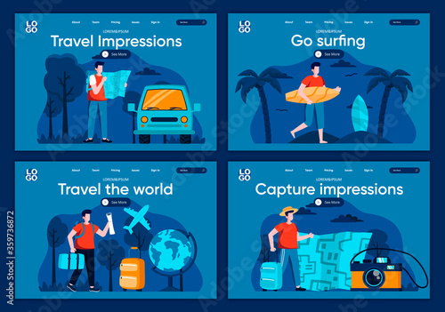 Travel the world flat landing pages set. Tourists traveling by car and airplane, surfer with surfboard on beach scenes for website or CMS web page. Capture impression, go surfing vector illustration.