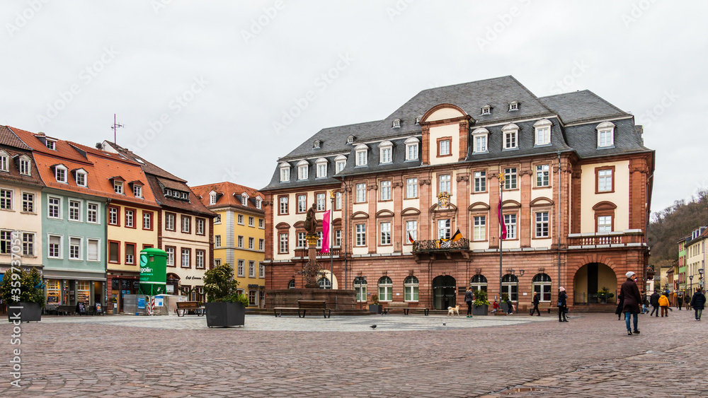 Town Hall and Central Market Place of City Heidelberg, Baden-Wuerttemberg, Germany. Europe